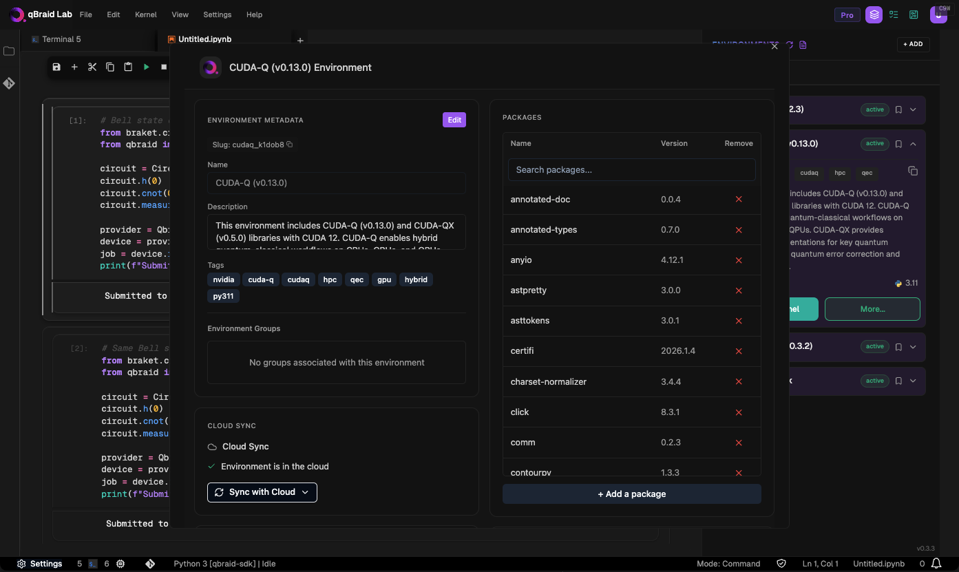 Environment editor showing metadata, packages, and cloud sync