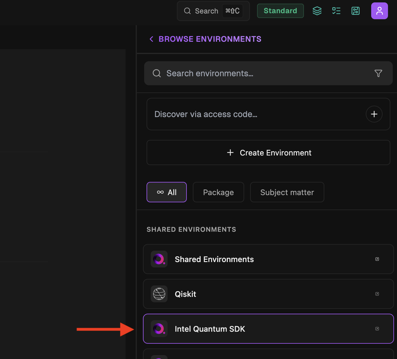 Selecting the Intel Quantum SDK environment group in the environment browser