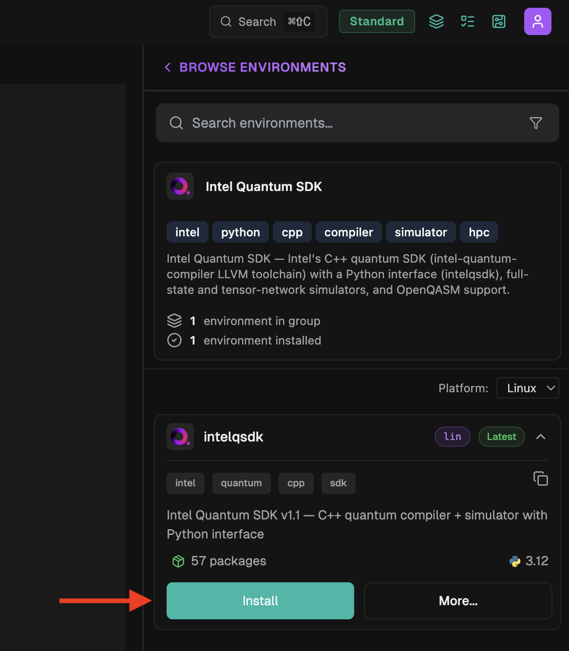 The intelqsdk environment panel with the Install button