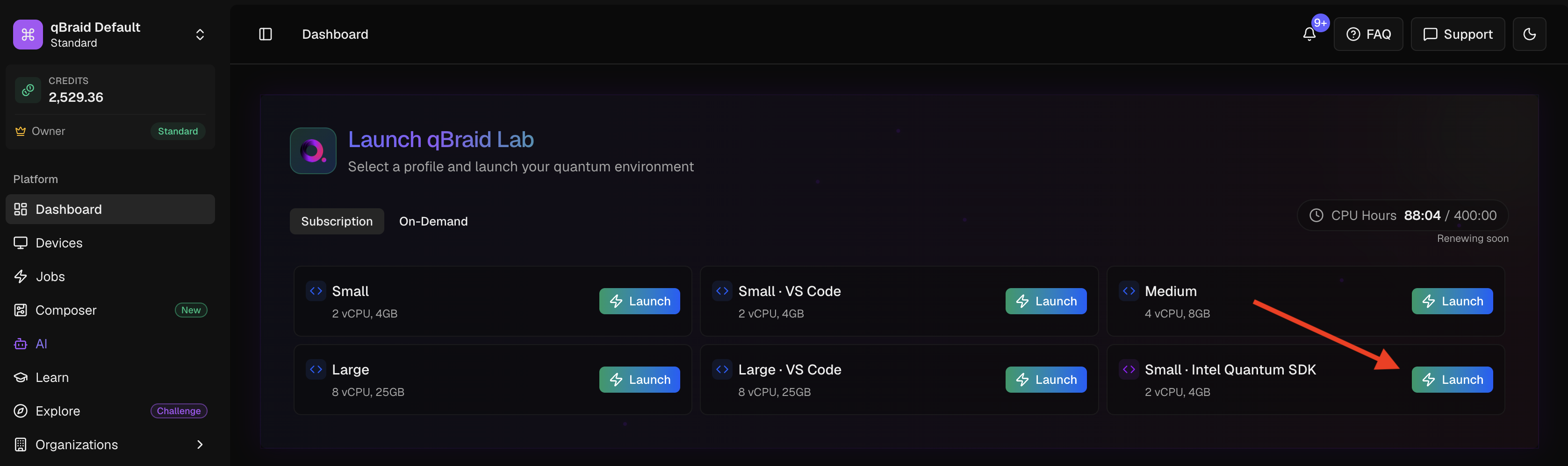 Launching the Small · Intel Quantum SDK profile from the qBraid dashboard