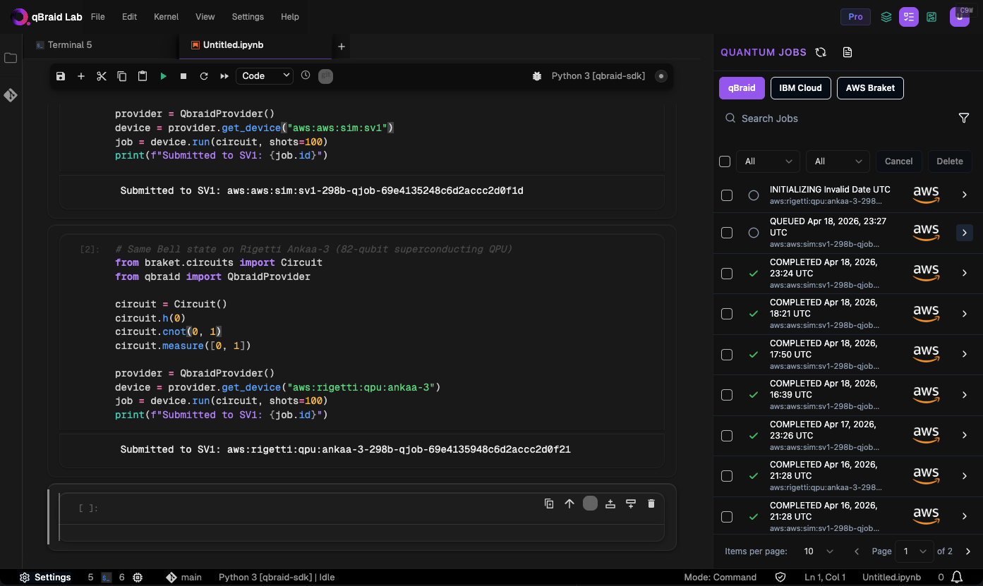 Quantum Jobs sidebar showing job list with provider tabs
